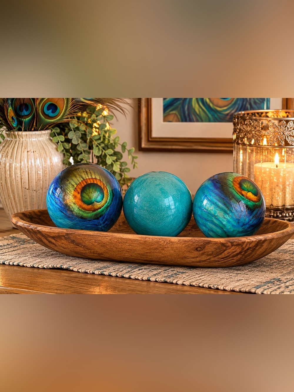 Pier 1 Peacock Orb Sphere Set | Teal Multi Color Decorative Balls Set of 3 | 4”